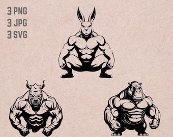Bodybuilder svg designs, Gym logo vector, Rabbit Hippo Rhino fitness PNG, Workout bundle clipart, Weightlifting silhouette ,Tshirt Printable