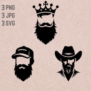 Projekty Beard Face SVG, logo Crown Beard, wektor Cowboy Beard, czapka z brodą PNG, pakiet Beard Face clipart, sylwetka Beard Man