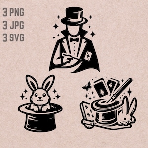 Disegni SVG del mago, logo Magic, coniglietto in un cappello vettoriale, bacchetta magica PNG, clipart pacchetto mago, silhouette di trucco con le carte