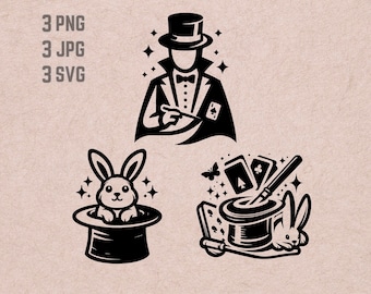 Magician SVG designs, Magic logo, Bunny in a hat vector, Magic Wand PNG, Magician bundle clipart, Card Trick silhouette