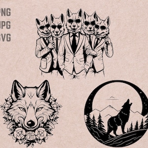 Puede incluir: Ilustración en blanco y negro de cuatro lobos con trajes y corbatas. Los lobos están de pie en fila, con el lobo del medio con una chaqueta de traje y corbata. Los otros lobos llevan trajes y corbatas. Todos los lobos miran al espectador. También hay una ilustración en blanco y negro de un lobo aullando a la luna en un entorno de bosque.