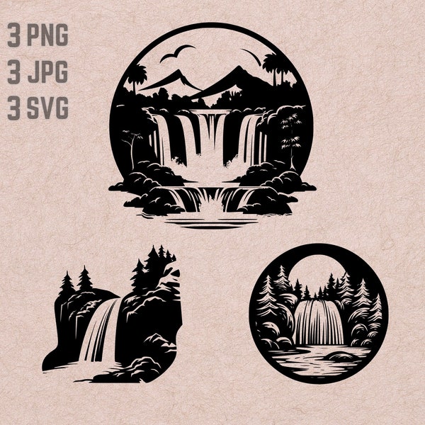 Waterfall SVG designs, Waterfall logo, Wildlife Waterfall vector, Scenery PNG, Waterfall bundle, Landscape Clipart