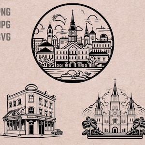 Diseños SVG del horizonte de Nueva Orleans, logotipo de Nueva Orleans, vector del horizonte de Nueva Orleans, Skyline PNG, paquete de ciudades de EE. UU., imágenes prediseñadas urbanas
