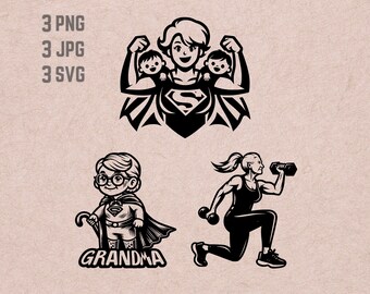Super Grandma SVG designs, Strong Grandmother logo, fit old woman vector, Muscular Grandma PNG, Gift for Grandma, fitness vector