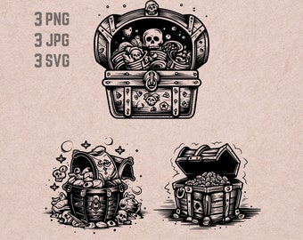 Diseños SVG del tesoro, logotipo del tesoro, vector de calavera del tesoro, cofre del tesoro pirata PNG, paquete del tesoro, imágenes prediseñadas de Halloween