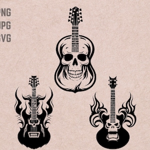 Horror Gitaar SVG ontwerpen, Gitaar logo, Gitaar Demon vector, Schedel PNG, Hell Guitar bundel, Muziek Clipart