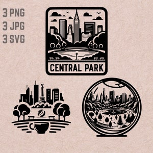 May include: Black and white illustration of Central Park in New York City. The illustration features a skyline with tall buildings, a lake, trees, and a path. The text "Central Park" is written below the illustration.