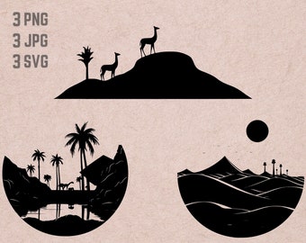 Desert Scene svg designs, Desert view logo vector, Cactus PNG, Sand Dunes bundle clipart, Oasis JPG ,T-shirt Printable