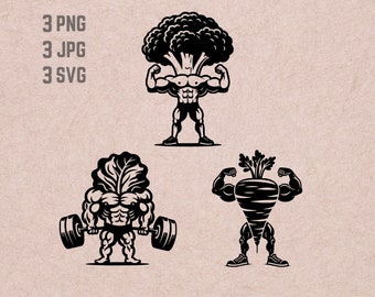 Vegan Bodybuilder svg designs, Gym logo vector, Fit Vegetables PNG, Broccoli Carrot Lettuce bundle, Weightlifting silhouette ,T-shirt Print