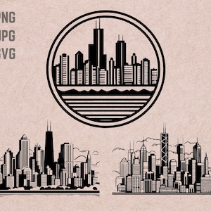 Conceptions Chicago Skyline SVG, logo Chicago, vecteur Chicago Skyline, Skyline PNG, pack Chicago, Urban Clipart