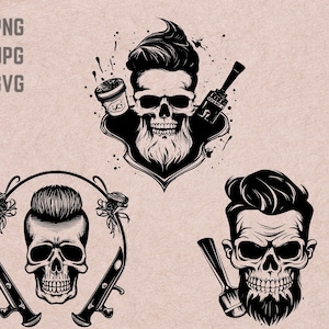 Schädel-Barbershop-Svg-Designs, Schädel-Barbershop-Logo-Vektor, Barber PNG, Schädel-Bundle-Clipart, Schädel-Haar-Stil JPG, T-Shirt zum Ausdrucken