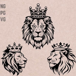 Lion Head with Crown SVG designs, Lion logo, Crowned Lion vector, King of Lions PNG, Lion Bundle Clipart, Crown JPG