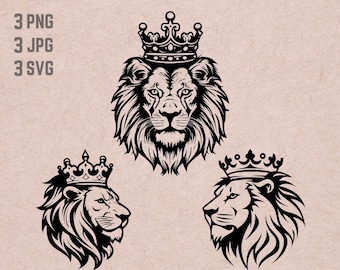 Leeuwenkop met kroon SVG ontwerpen, leeuwenlogo, gekroonde leeuw vector, koning van leeuwen PNG, leeuw bundel clipart, kroon JPG