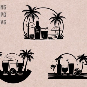 Diseños de svg de cócteles y cervezas de verano, vector de logotipo de playa, PNG de cerveza, imágenes prediseñadas de paquete de verano, JPG de cóctel, camiseta imprimible