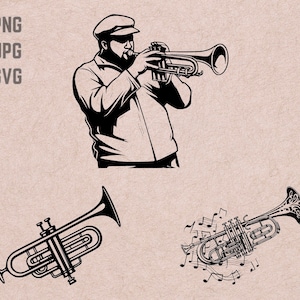 Pode incluir: Uma ilustração em preto e branco de um trombonista com um chapéu, tocando trompete. Existem outras duas ilustrações em preto e branco de trompetes, uma com notas musicais ao redor.