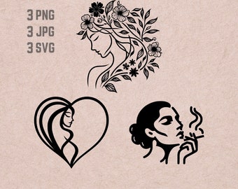 Line Art Woman SVG designs, Woman Heart logo, Floral Woman vector, Smoking Woman PNG, Woman Line Art bundle, Women silhouette