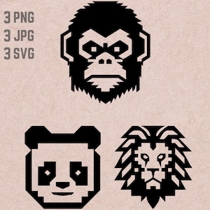 Diseños SVG de Gorilla Lion Panda pixelados, logotipo de Pixelate, vector de león, PNG de gorila, imágenes prediseñadas de Panda, paquete de animales pixelados JPG