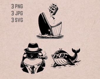Diseños de ballenas svg, logotipo de ballena, PNG de ballena asesina, imágenes prediseñadas de paquete de criaturas marinas, JPG de barco, vector de gafas de sol