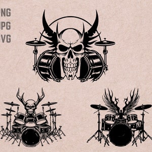 Horror Drum Set SVG Designs, Schlagzeug Logo, Skull Vektor, Metal PNG, Hell Drum Kit Bundle, Musik Clipart
