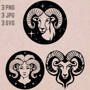 May include: Three black and white illustrations of a ram's head. The first illustration is a ram's head with horns and a starry background. The second illustration is a ram's head with horns and a starry background. The third illustration is a ram's head with horns.