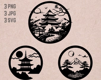 May include: Three black and white circular designs featuring Japanese-inspired scenes. The first design shows a pagoda, mountains, and a river. The second design shows a pagoda and mountains. The third design shows Mount Fuji, trees, and a lake.