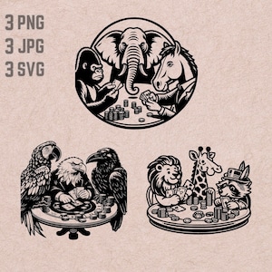 Animali Poker Disegni SVG, logo Poker, vettore leone giraffa procione, aquila corvo pappagallo PNG, vettore gorilla cavallo elefante, Casino Clipart