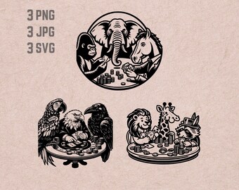 Animals Poker SVG designs, Poker logo, lion giraffe raccoon vector, eagle raven parrot PNG, gorilla horse elephant vector, Casino Clipart