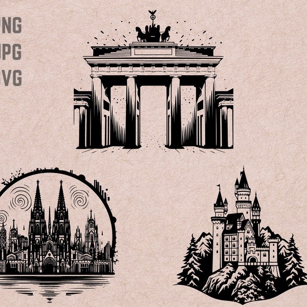 Germany SVG designs, Germany logo, Neuschwanstein Castle vector, Brandenburg Gate png, Germany bundle, Cologne Cathedral Clipart