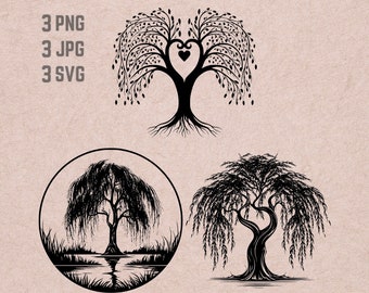 Willow Tree SVG ontwerpen, Willow Tree logo, Willow Tree hart vector, Forest PNG, Willow Tree bundel, Natuur Clipart