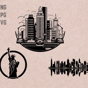 Projetos SVG do horizonte de Nova York, logotipo de Nova York, vetor da Estátua da Liberdade, PNG do horizonte, pacote de Nova York, clipart urbano