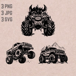 Dessins SVG Monster Truck, logo Monster Truck, vecteur de camion, course de camions PNG, clipart de lot de camions