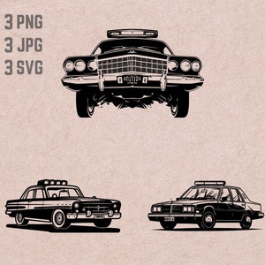 Politieauto SVG ontwerpen, politieauto logo, retro politieauto vector, Amerikaanse auto PNG, old school auto bundel, retro clipart
