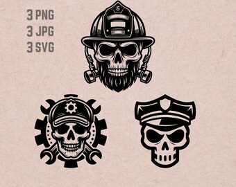 Skull Face SVG designs, Skull Face logo, Police vector, Firefighter PNG, Skull Professions bundle, Mechanic silhouette, T-shirt Printable