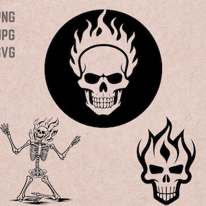 Puede incluir: Diseños gráficos en blanco y negro que presentan una calavera con llamas, una calavera dentro de un círculo y un esqueleto con llamas. El texto "3 PNG, 3 JPG, 3 SVG" está en la esquina superior izquierda.