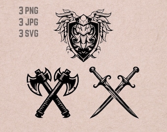 Diseños SVG de armas de batalla, logotipo de armas de guerra, vector de espadas cruzadas, hachas de batalla cruzadas PNG, vector de escudo de batalla, armas antiguas png