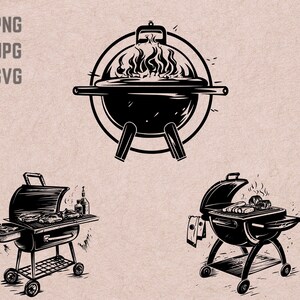 May include: Three black and white illustrations of different types of grills. The first grill is a round charcoal grill with flames coming from the top. The second grill is a rectangular gas grill with a lid and a rack for cooking. The third grill is a round charcoal grill with a lid and a rack for cooking.