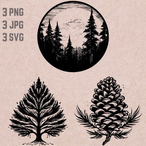 Puede incluir: Ilustración en blanco y negro de una escena de bosque con luna llena en el centro. El bosque está formado por altos pinos. Hay dos ilustraciones adicionales en blanco y negro de un pino y una piña.