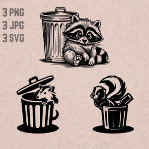 Possum Raccoon Skunk SVG designs, logotipo de animais na lata de lixo, vetor de gambá, Skunk PNG, vetor de guaxinim, clipart de lixo