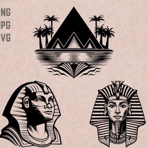 May include: Black and white illustration of two pharaohs with headdresses and a pyramid with palm trees in the background.
