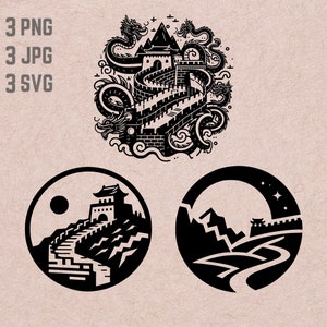 May include: Black and white illustration of the Great Wall of China with a dragon design. The illustration is divided into three sections, each depicting a different view of the wall.