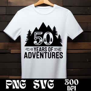50e verjaardag SVG- en png-ontwerp | Retro campingbergsilhouet | Ontwerp 50 jaar avonturen | Cadeau voor 50e verjaardag