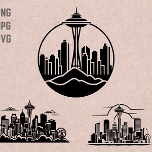 Diseños SVG de Seattle Skyline, logotipo de Seattle, vector de Skyline de Seattle, PNG de Skyline, paquete de Seattle, imágenes prediseñadas urbanas