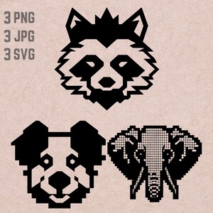 Puede incluir: Ilustraciones pixeladas en blanco y negro de un mapache, un perro y un elefante. El mapache tiene una cola tupida y orejas puntiagudas. El perro tiene una cara en blanco y negro. El elefante tiene un diseño pixelado detallado. El texto en la parte superior dice "3 PNG, 3 JPG, 3 SVG."