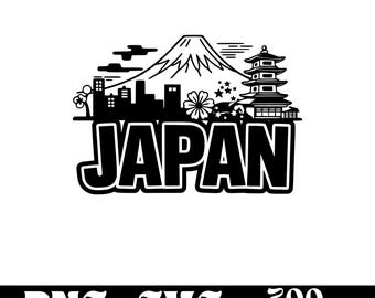 May include: Black and white illustration of a Japanese cityscape with Mount Fuji, a pagoda, and cherry blossoms. The word "JAPAN" is written in bold letters below the image.
