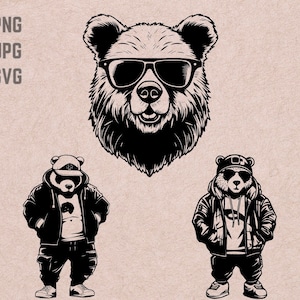 Desenhos svg de urso com óculos de sol, vetor de logotipo de urso, óculos de sol PNG, clipart de pacote de urso urbano, animais engraçados JPG, camiseta para impressão