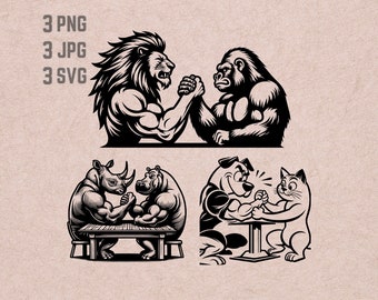 Animals Arm Wrestling SVG designs, Gym logo, lion gorilla vector, rhino hippo PNG, dog cat vector, fitness vector, powerlifting svg
