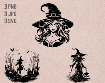 Witch Scene SVG designs, Scary Halloween logo, Happy Halloween vector, Pumpkin PNG, Scary witch bundle clipart, Horror silhouette, T-shirt