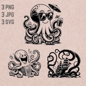 May include: Three black and white illustrations of an octopus. The first octopus is wearing sunglasses and holding a drink with an umbrella. The second octopus is holding a treasure chest. The third octopus is wrapping its tentacles around a ship.