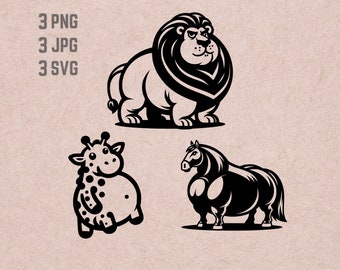 Lazy Animals SVG designs, Lazy Animal logo, Fat Lion vector, Fat Horse PNG, Fat Giraffe vector, fitness vector, funny animals svg