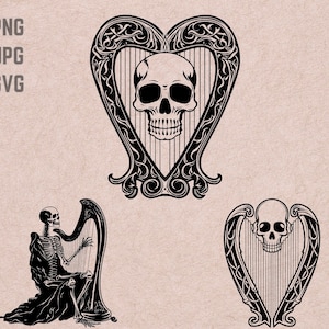 Conceptions SVG de harpe de crâne, logo de harpe, vecteur de crâne, PNG en métal, bundle Hell Harp, Clipart de musique